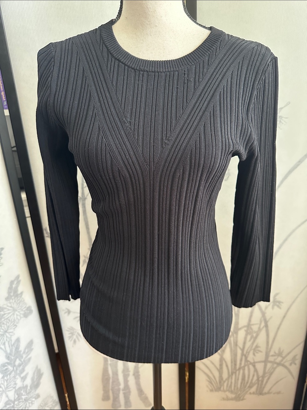 7 For All Mankind Black Ribbed Long-Sleeve Crew Neck Top w/Open Cross Back